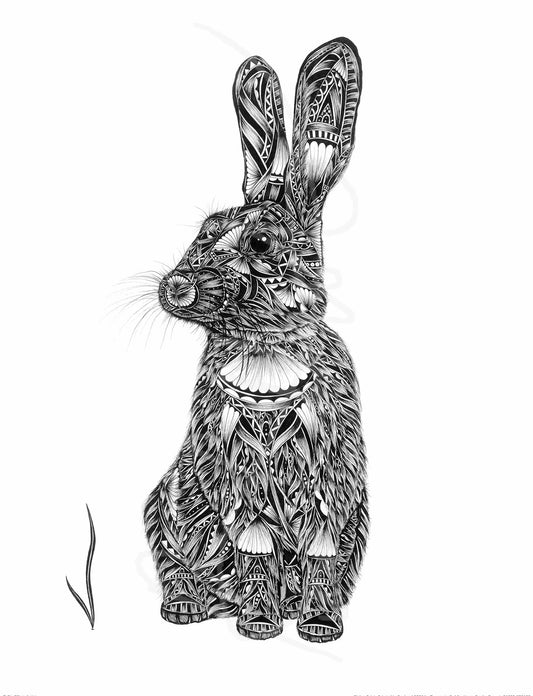 Detailed black and white illustration of a rabbit with intricate patterns on a white background