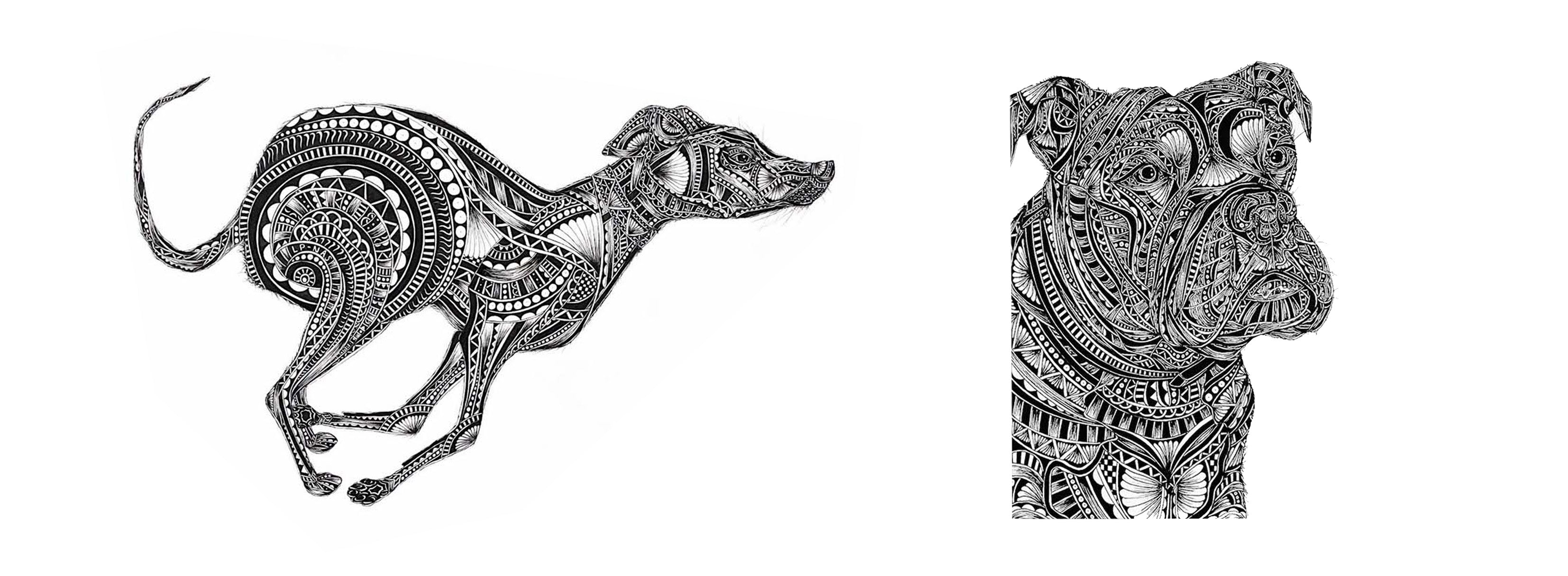 Black and white patterned illustration of running dog and dog separate artworks