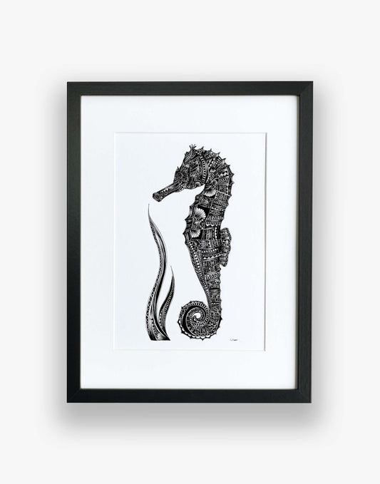 black and white seahorse print