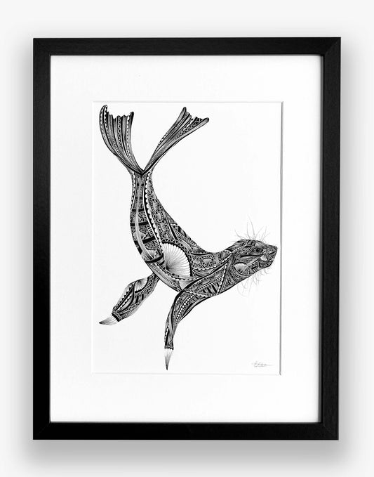 Framed black and white illustration of a seal on a white background