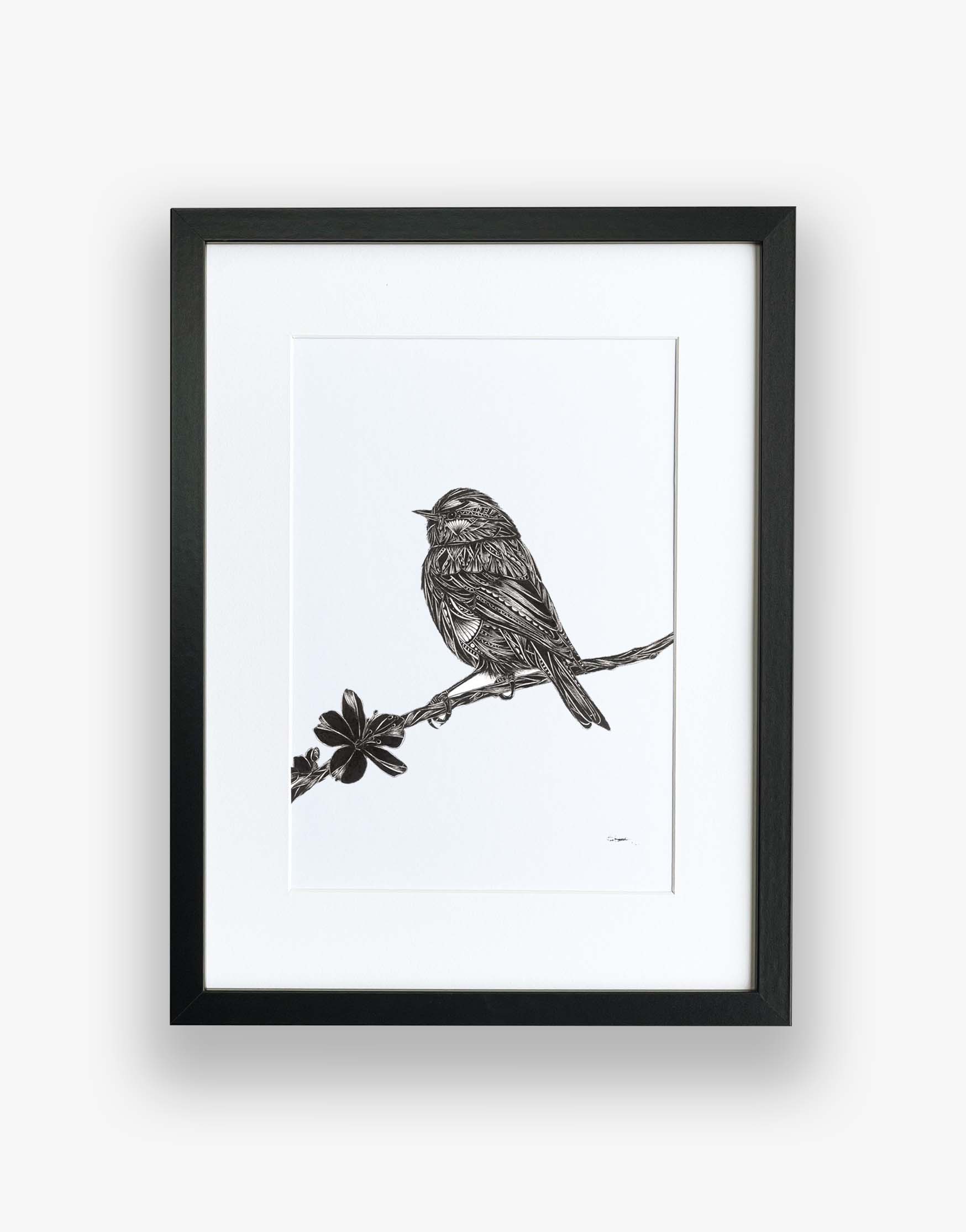 black and white patterned artwork of bird on branch with blossom flower