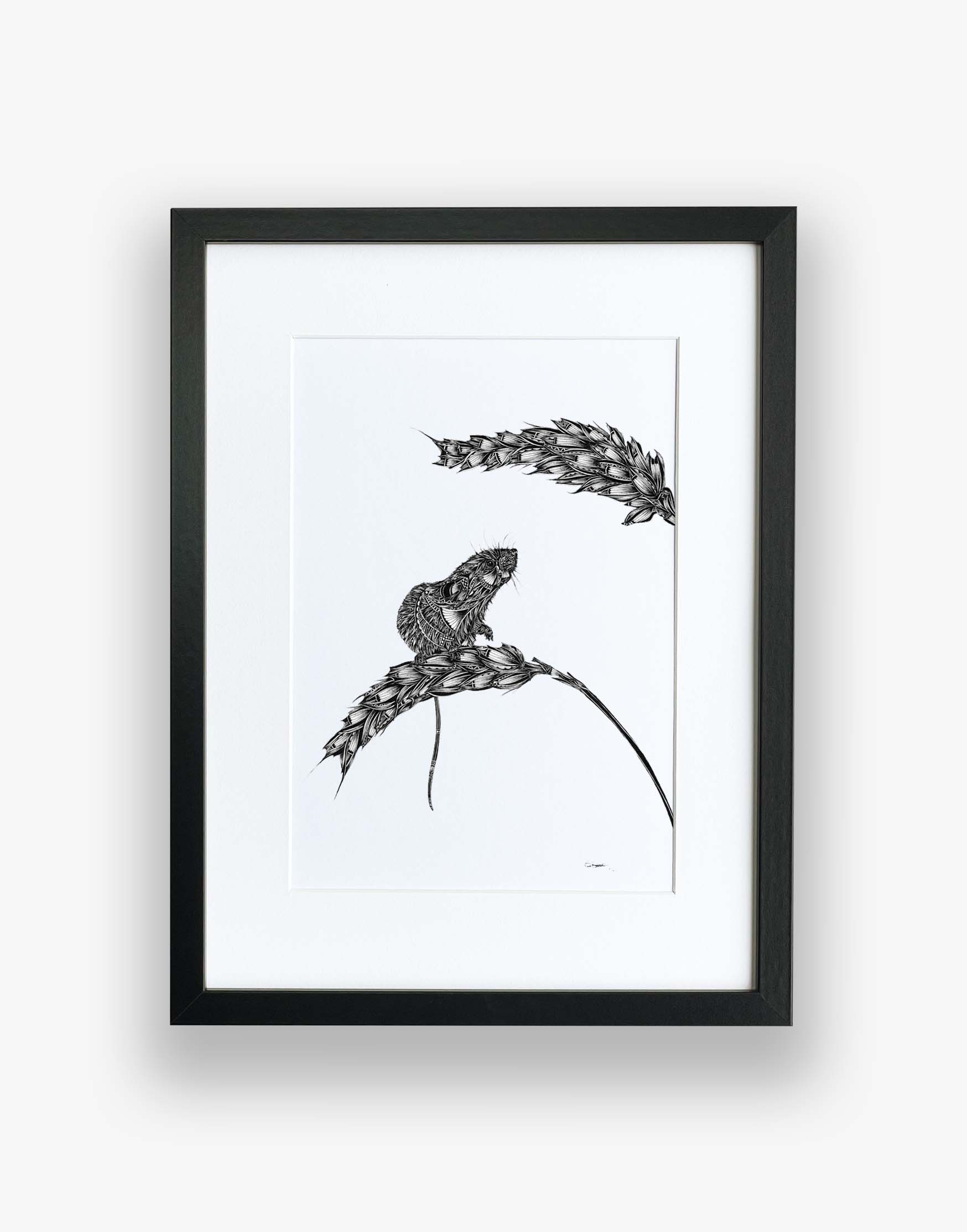 black and white mouse on barley artwork
