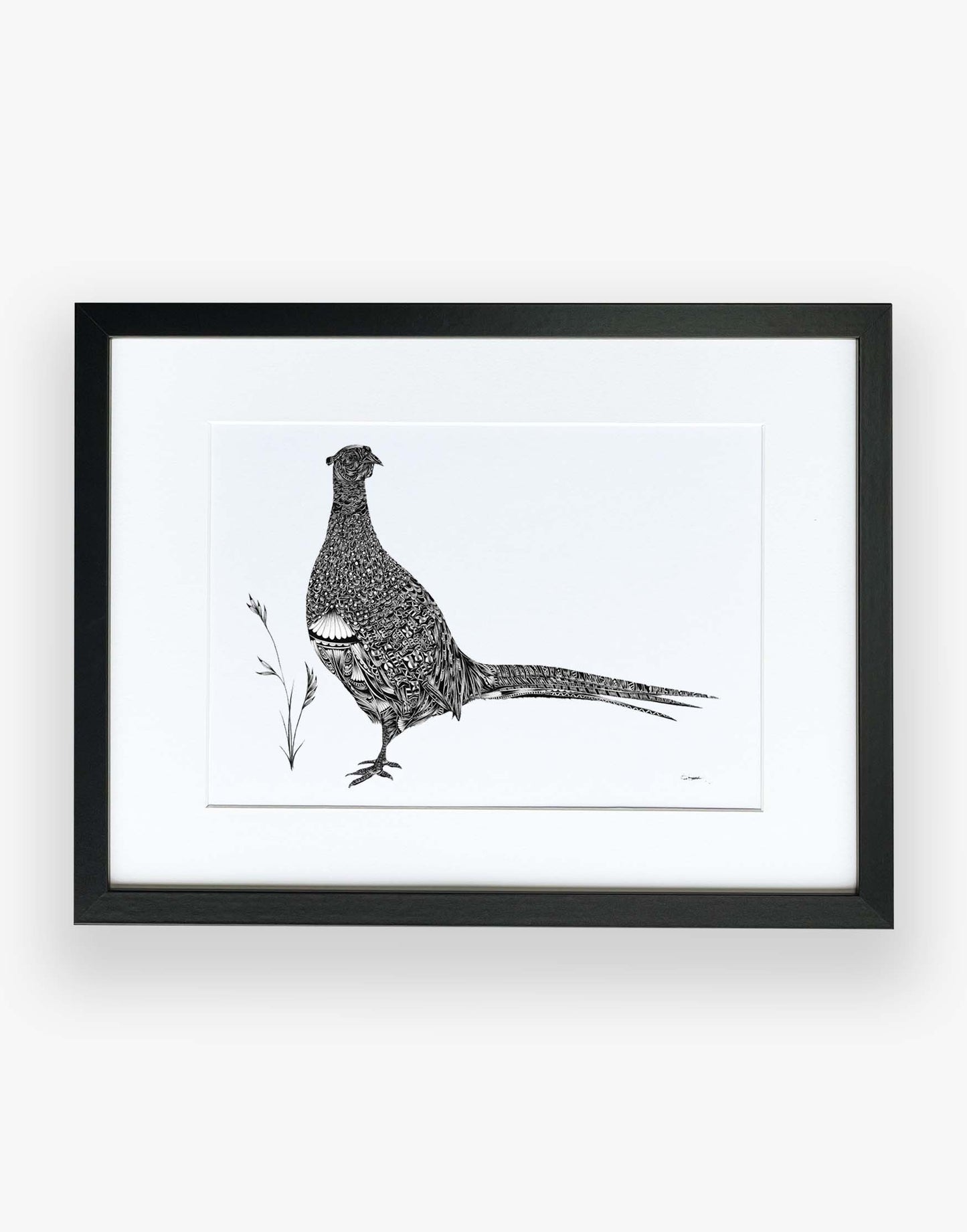black and white patterned artwork of a pheasant and blade of grass