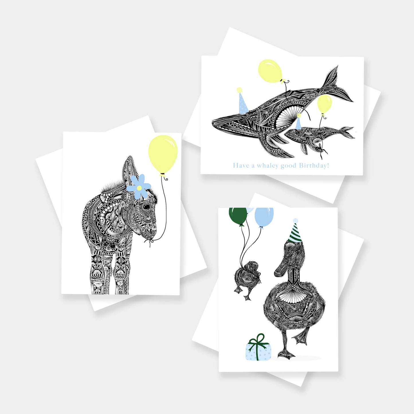 Whimsical animal birthday greetings card originally hand drawn in pen and ink by Pia Elliot in her Dorset studio