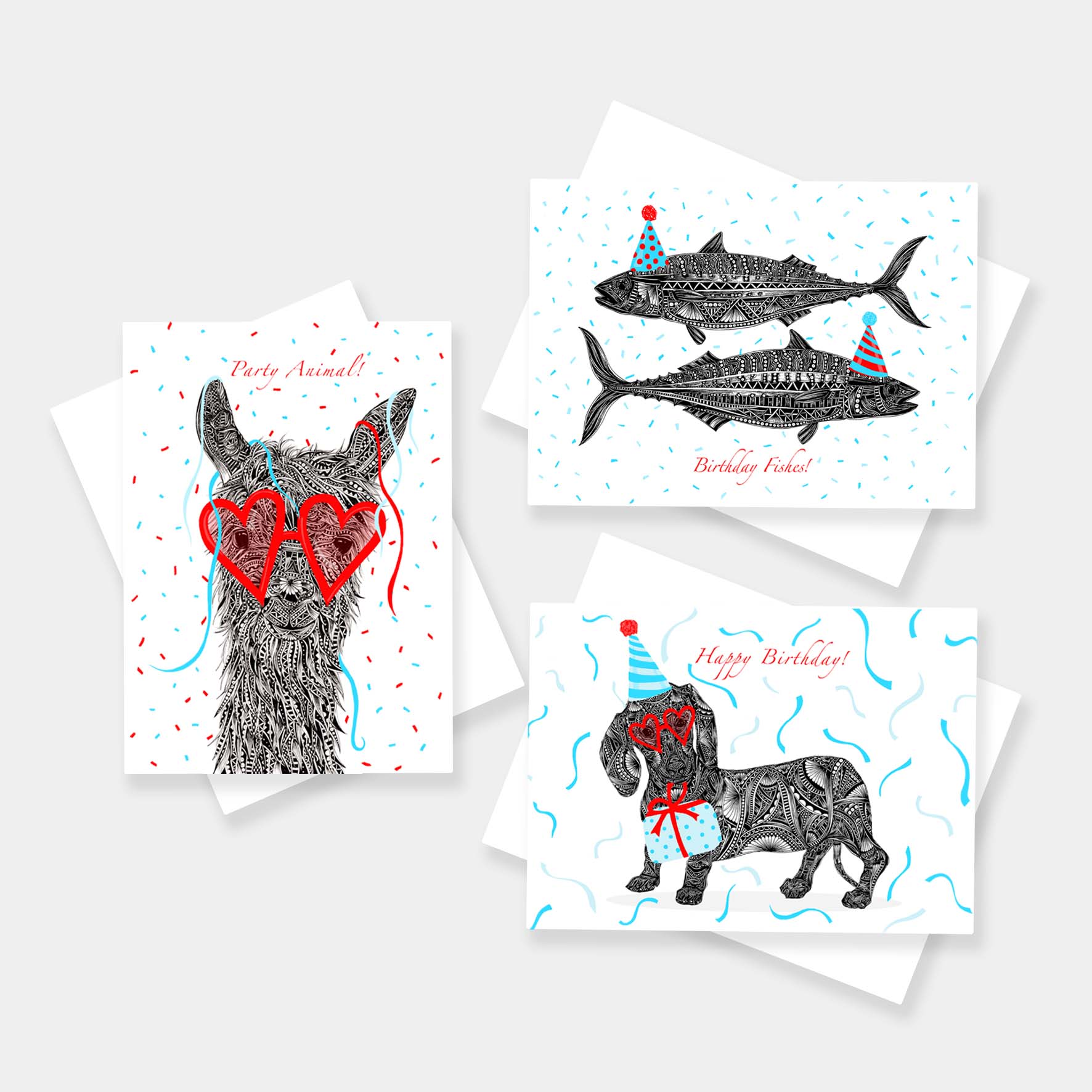 Whimsical party animal birthday greetings cards originally hand drawn in pen and ink by Pia Elliot in her Dorset studio