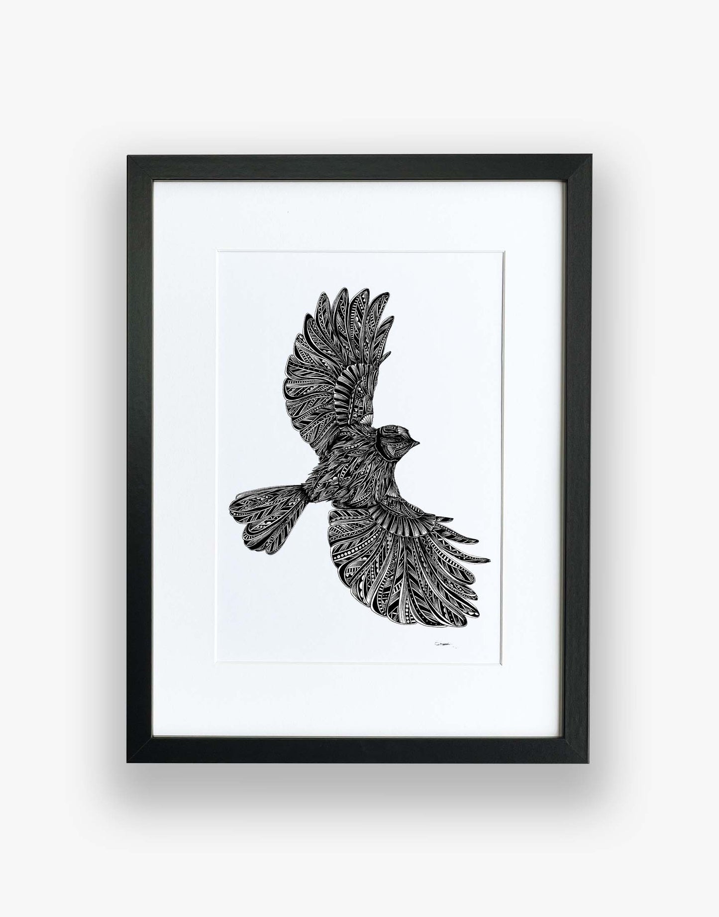Monochrome blue tit bird limited edition artwork, hand drawn in pen and ink by Pia Elliot in her Dorset studio