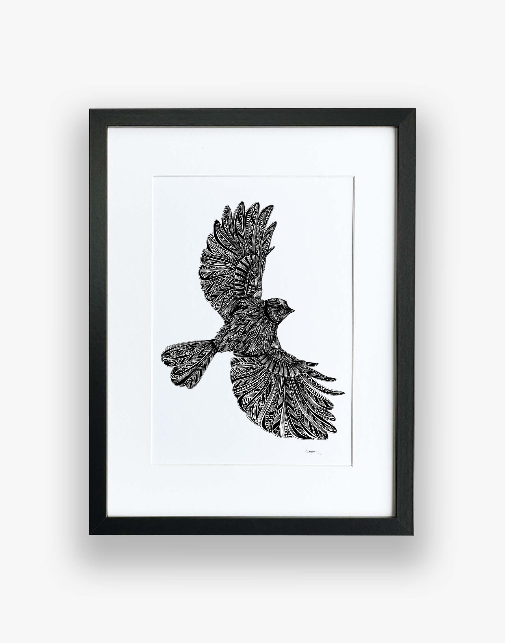 Monochrome blue tit bird limited edition artwork, hand drawn in pen and ink by Pia Elliot in her Dorset studio