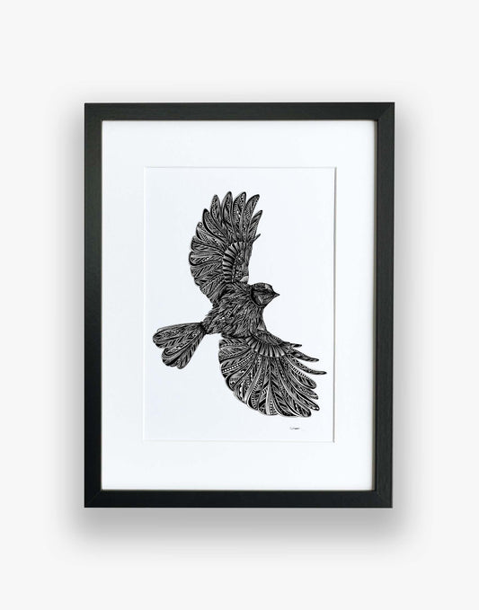 Monochrome blue tit bird limited edition artwork, hand drawn in pen and ink by Pia Elliot in her Dorset studio