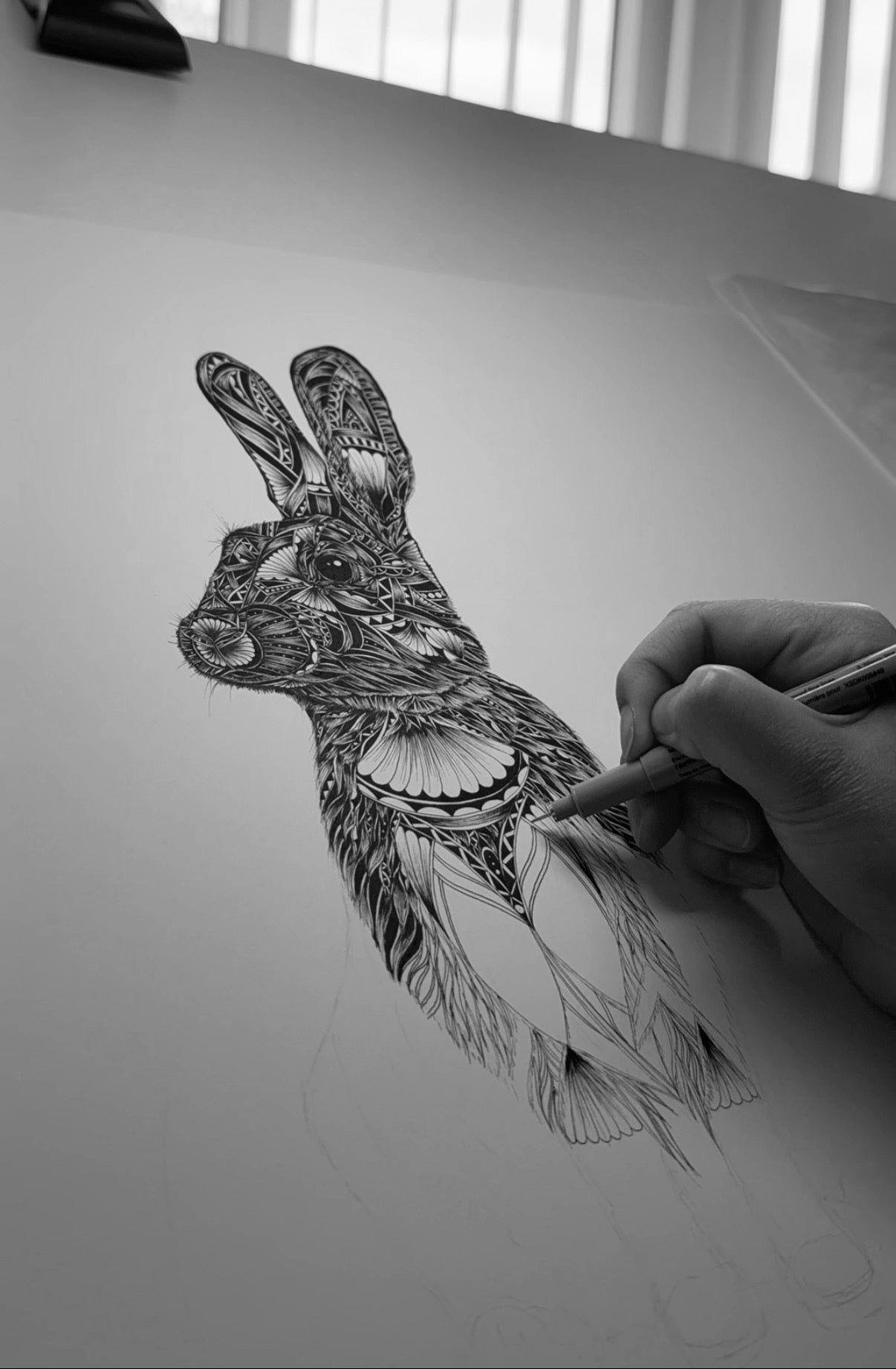 Person drawing a detailed animal illustration on a white surface with a pen.