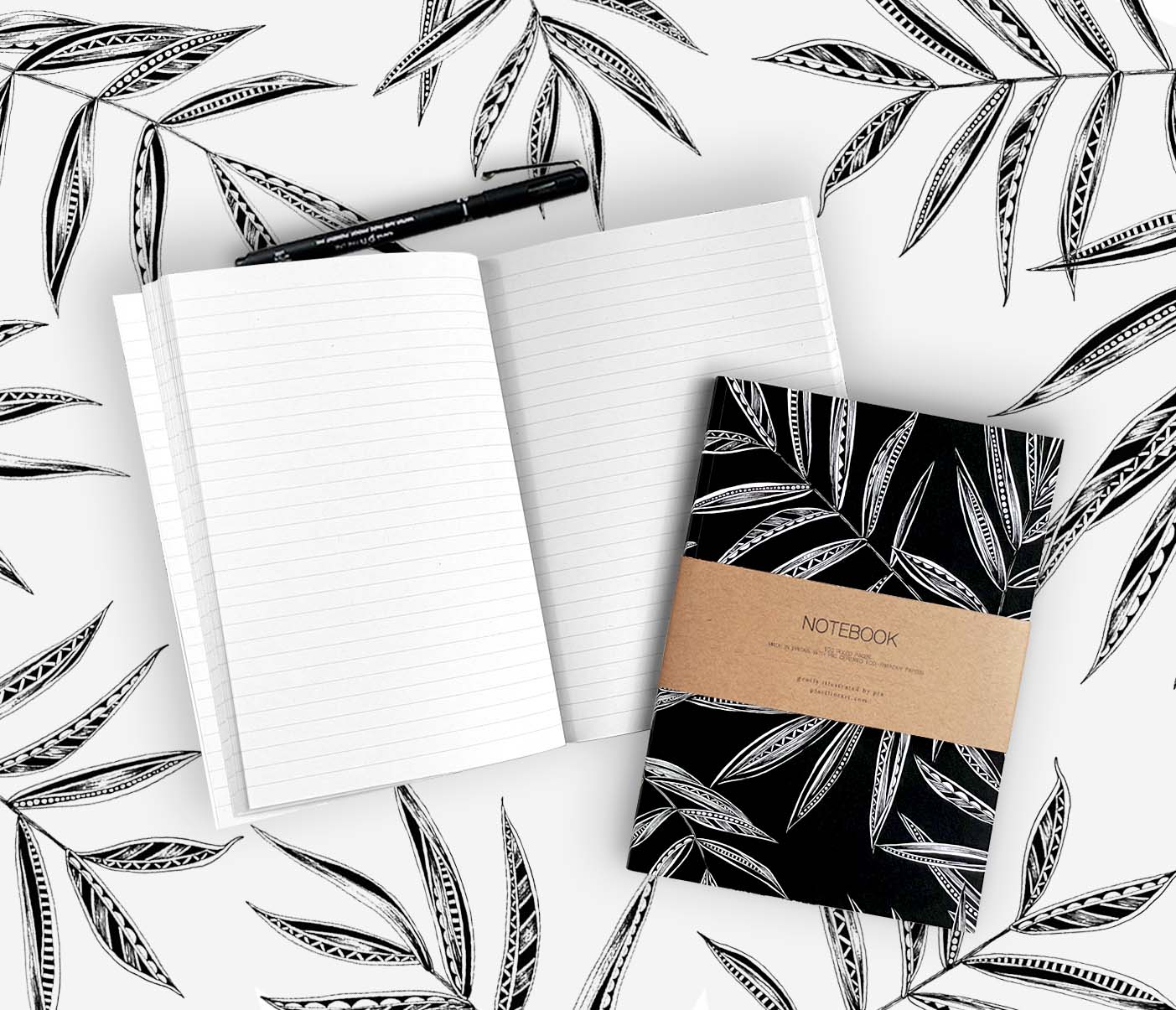 black and white leaf print notebook