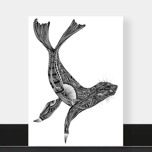A vertical art print featuring a black and white hand-drawn seal with intricate tribal patterns, displayed against a light gray wall with a black shelf below.